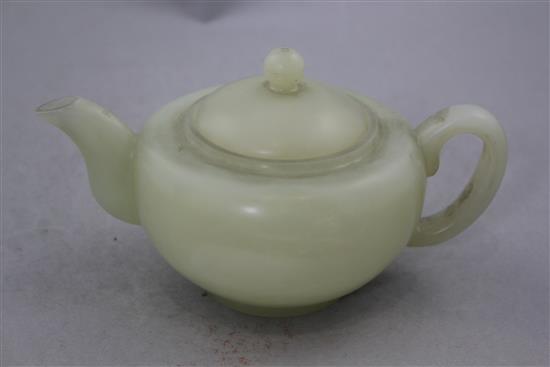 A Chinese pale celadon bowenite jade teapot, 20th century